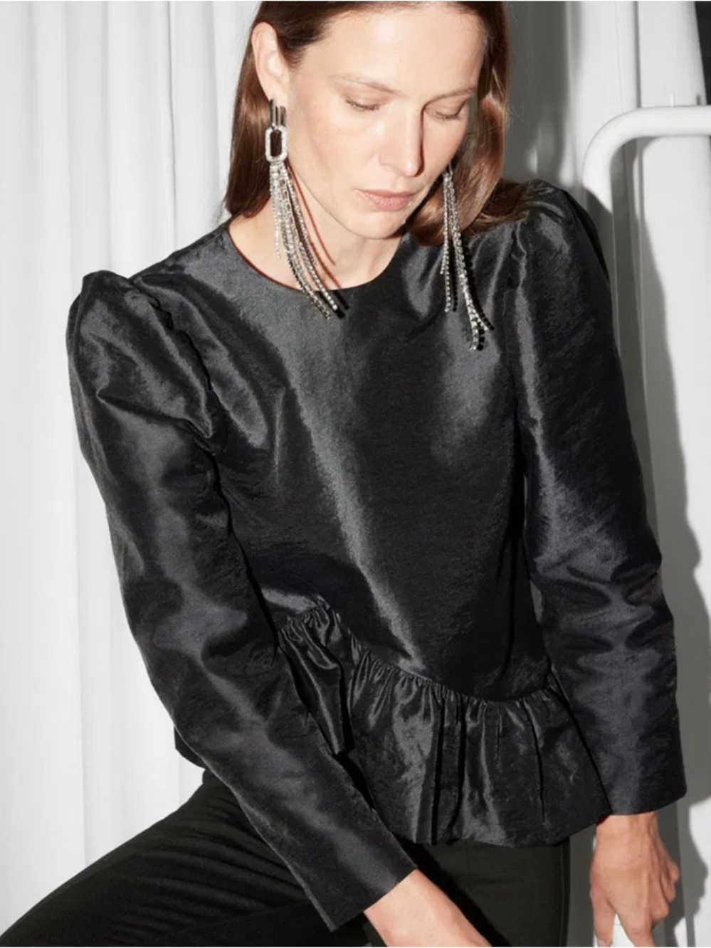& Other Stories Asymmetric Ruffle-Peplum Black Puff Sleeve Top